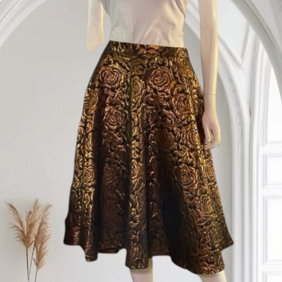 Bettie Page Dresses & Skirts - NWT $90 Bettie Page Copper Roses Gold Brocade Floral Swing Skirt - Size XL